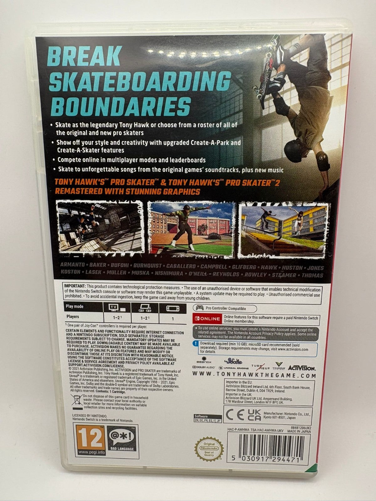 Tony Hawk's Pro Skater 1 + 2 (Nintendo Switch, 2021) Switch Game 