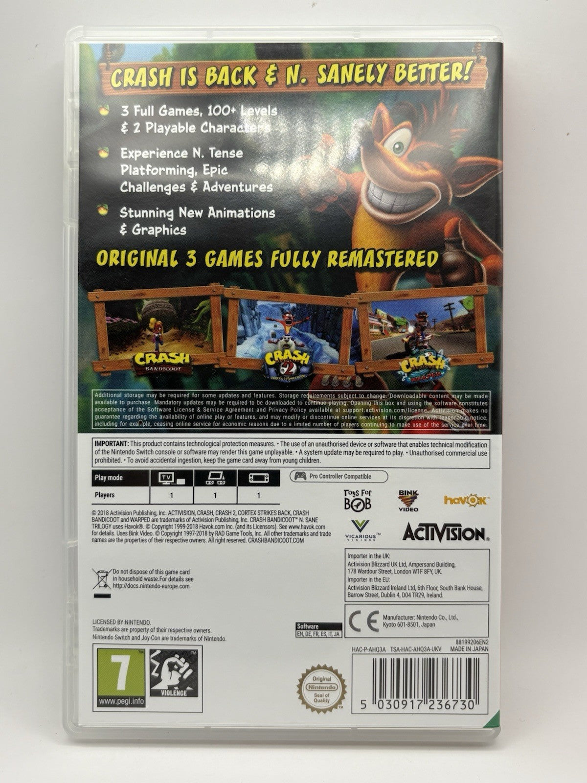 Crash Bandicoot N Sane Trilogy Nintendo Switch Game UK PAL VGC